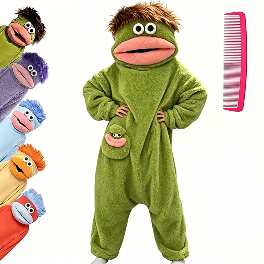 Adult wearing the Goober Onesie plush monster pajamas